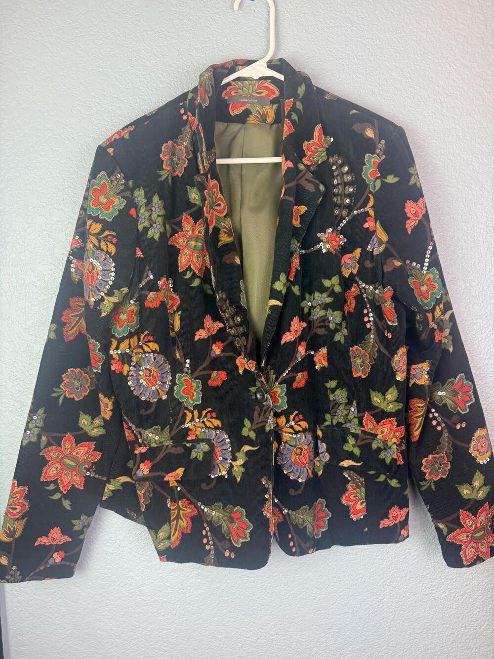 Liz Claiborne Jacket Womens 16 Black Corduroy Floral Sequin Print Blazer Boho